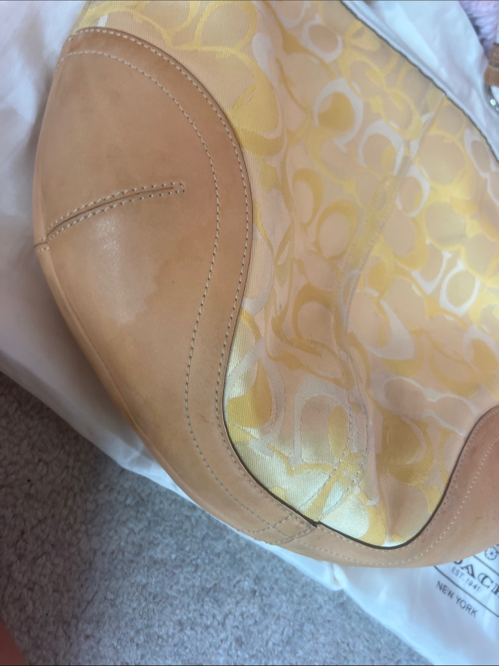 Coach Yellow Signature Jacquard Shoulder Bag with Tan Leather Trim - Picture 4 of 9